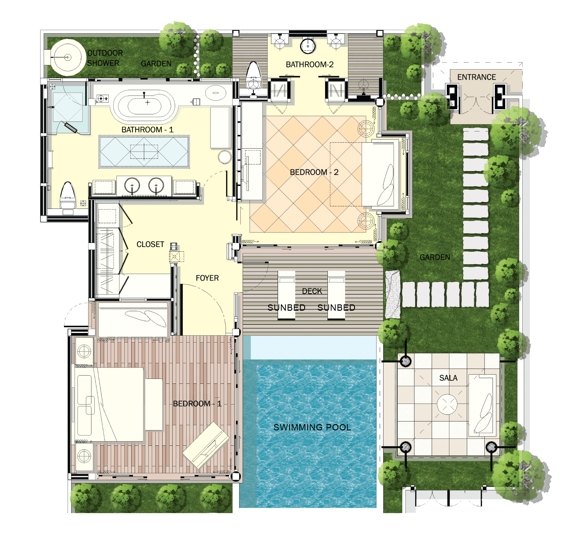 مخطط طابق ثنائي الأبعاد مفصل للفيلا المميزة المكونة من 3 غرف نوم